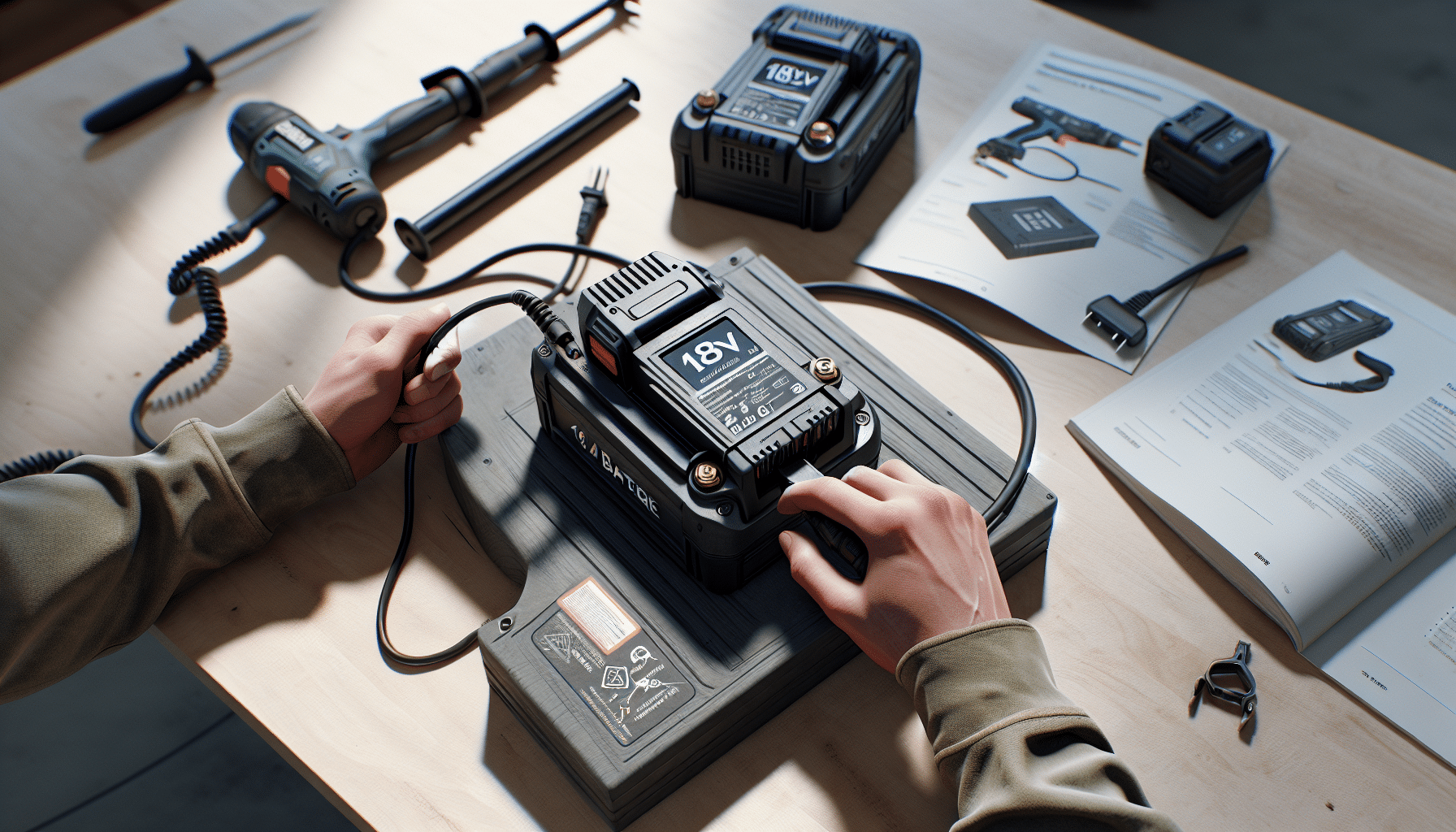 Makita battery connected to charger with visible safety label and warranty manual showing fast charger setup.