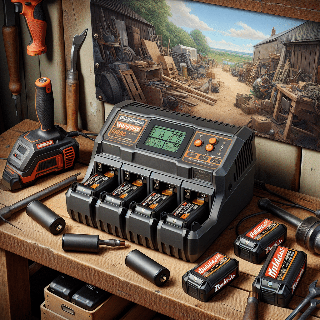 VoltGuard 6500 shown charging multiple Makita LXT batteries in a realistic workshop setting as part of a Makita charger upgrade comparison.