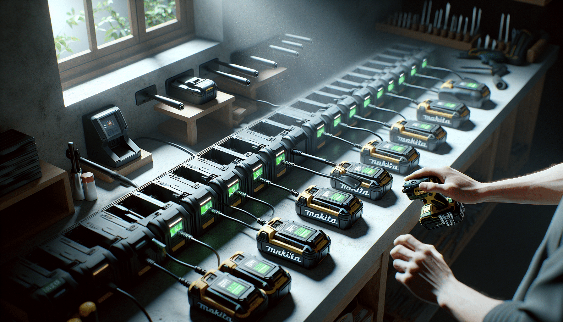 Makita-compatible smart chargers actively reducing idle time with efficient battery swaps in an organised workspace.