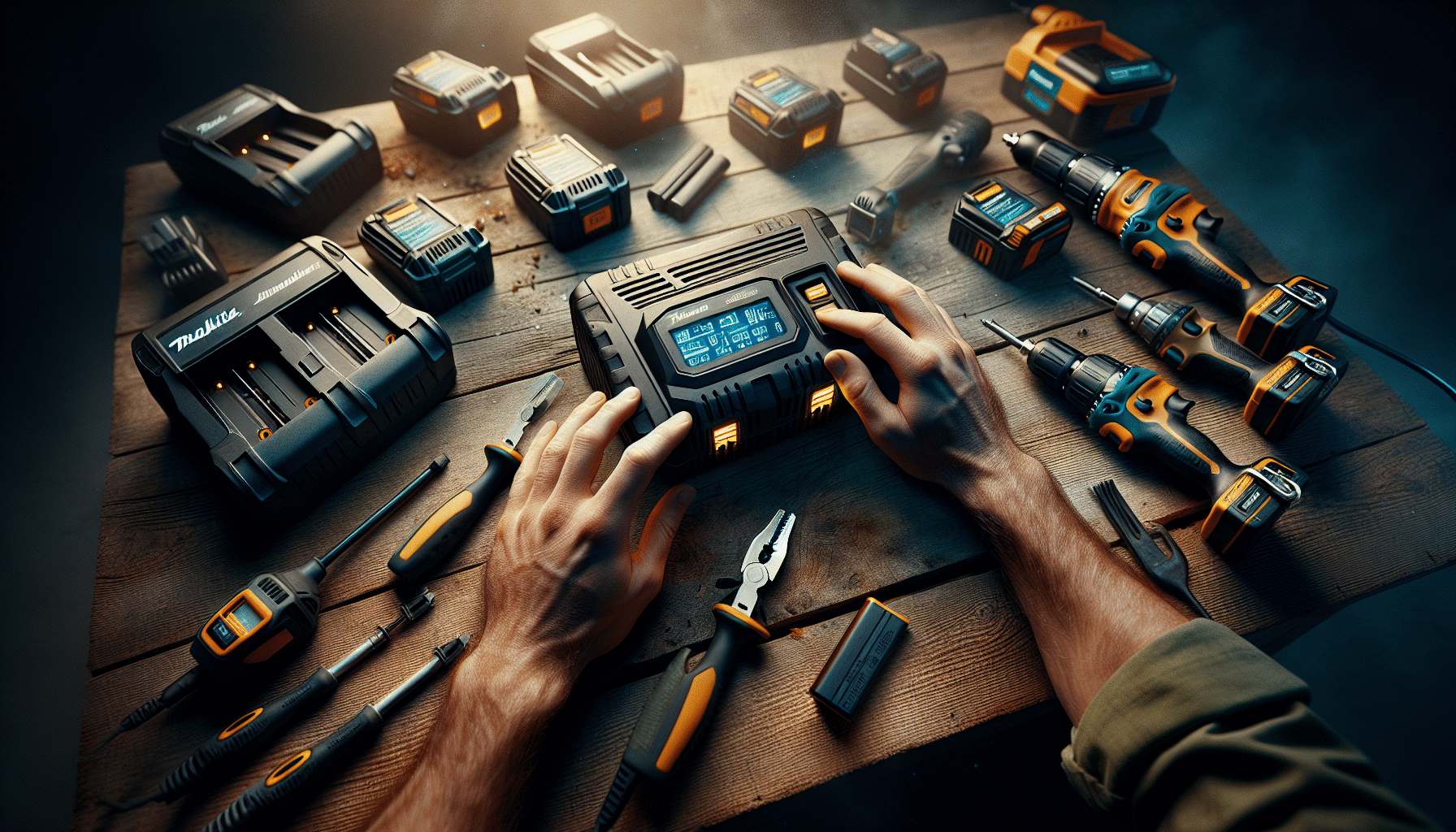 Comparison of VoltGuard 6500 with other Makita-compatible battery chargers in a hands-on workshop test layout.