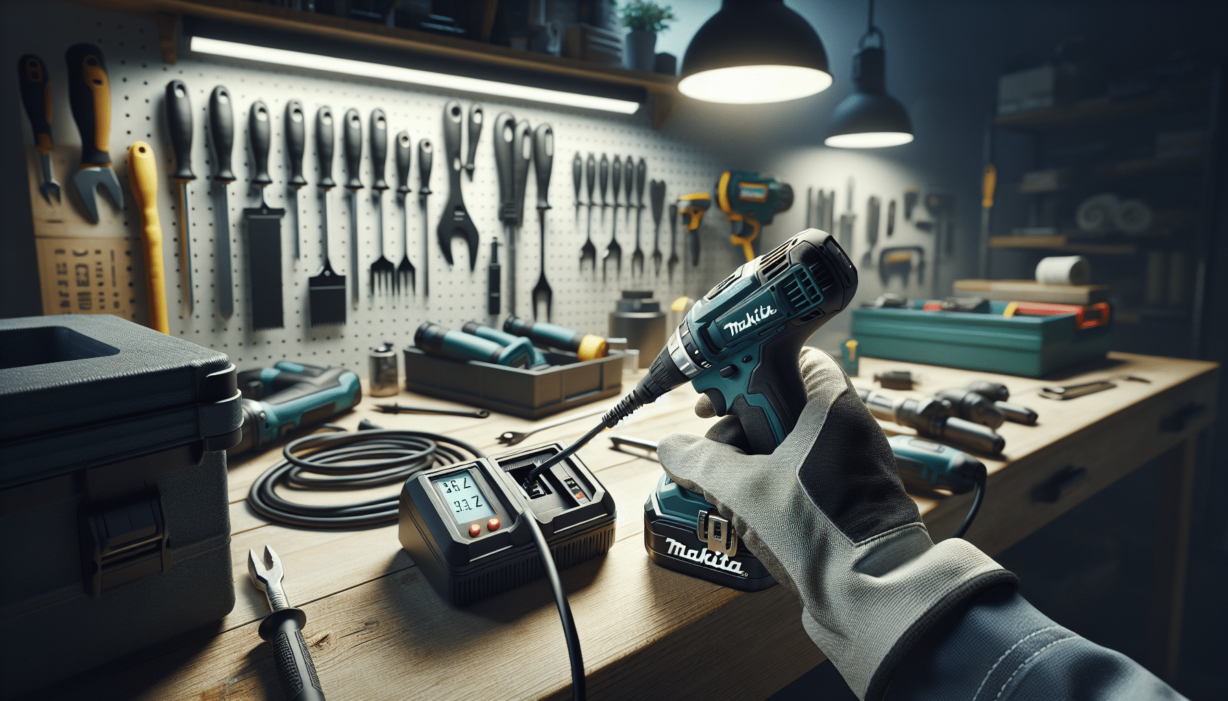 Gloved user installing a Makita battery into a 6.5A charger beside a slower 3.0A charger in a clean tool workspace.