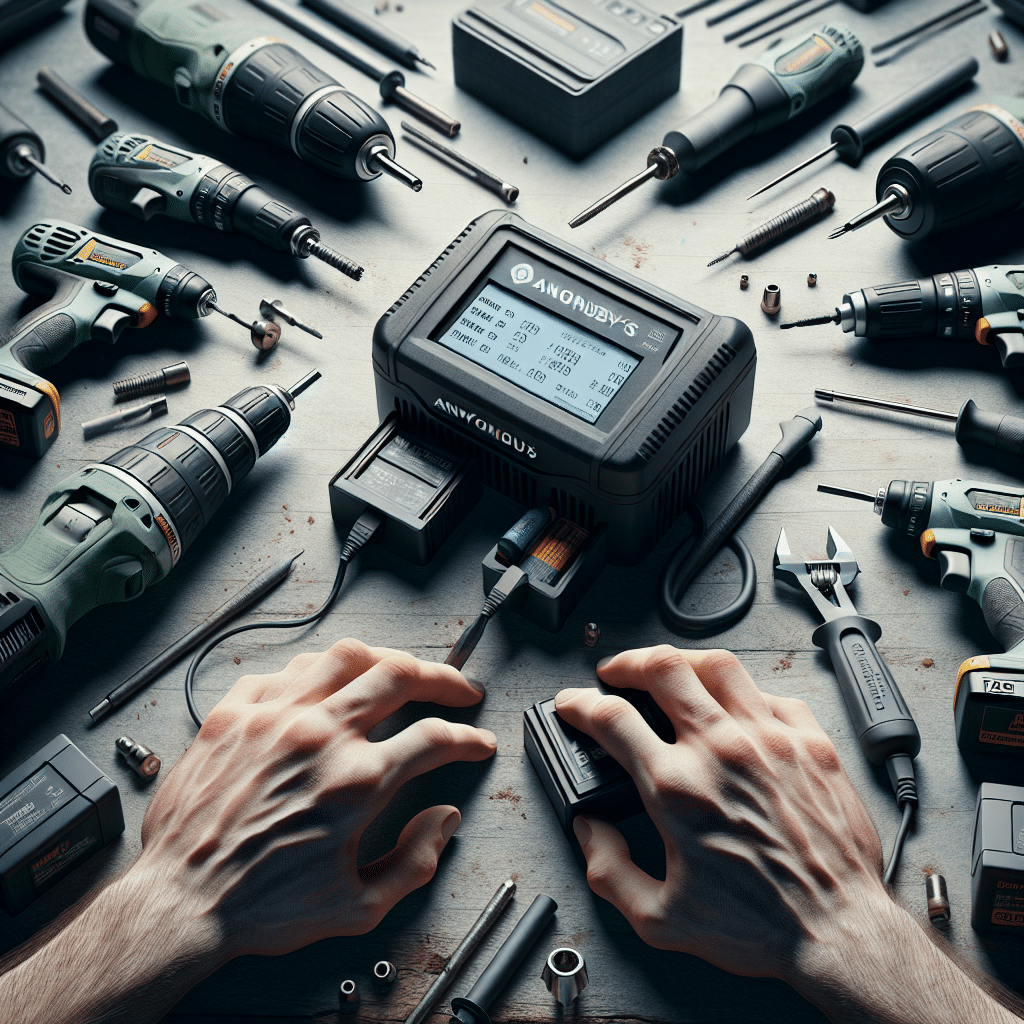 Smart LCD charger displaying real-time battery stats on a workbench with Makita-compatible power tools in use.