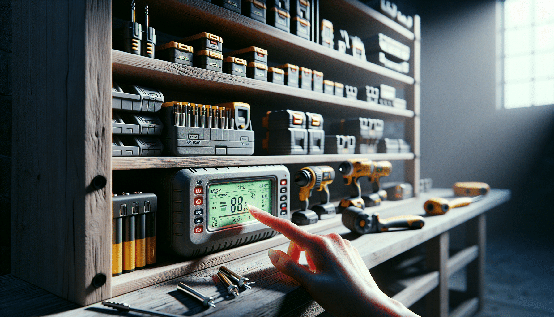 A smart LCD charger showing charge level and battery health next to several Makita-compatible power tool batteries on a clean work surface.