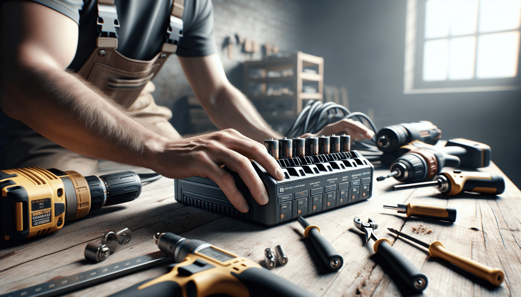 Close-up of hands using a multi-bay charger for trade tools in a busy workbench setup.