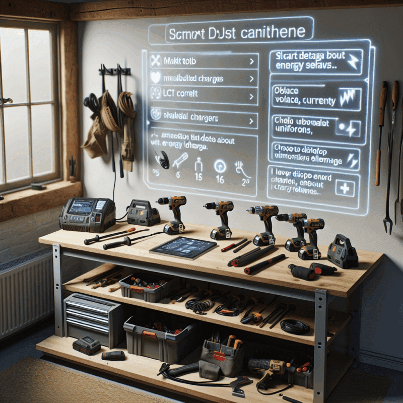 Smart LCD charger displaying voltage and current while charging Makita power tools in a sustainable workshop setup.