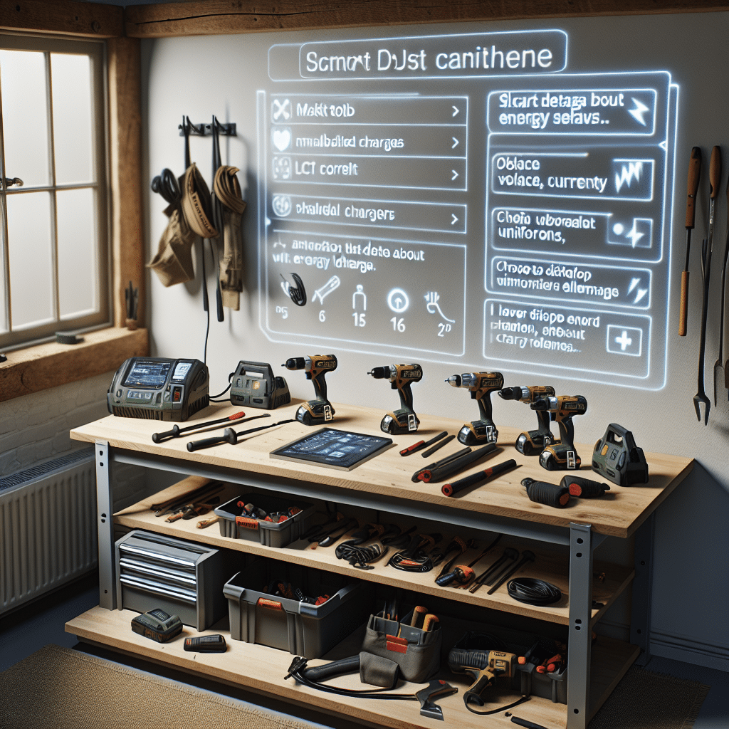 Smart LCD charger displaying voltage and current while charging Makita power tools in a sustainable workshop setup.