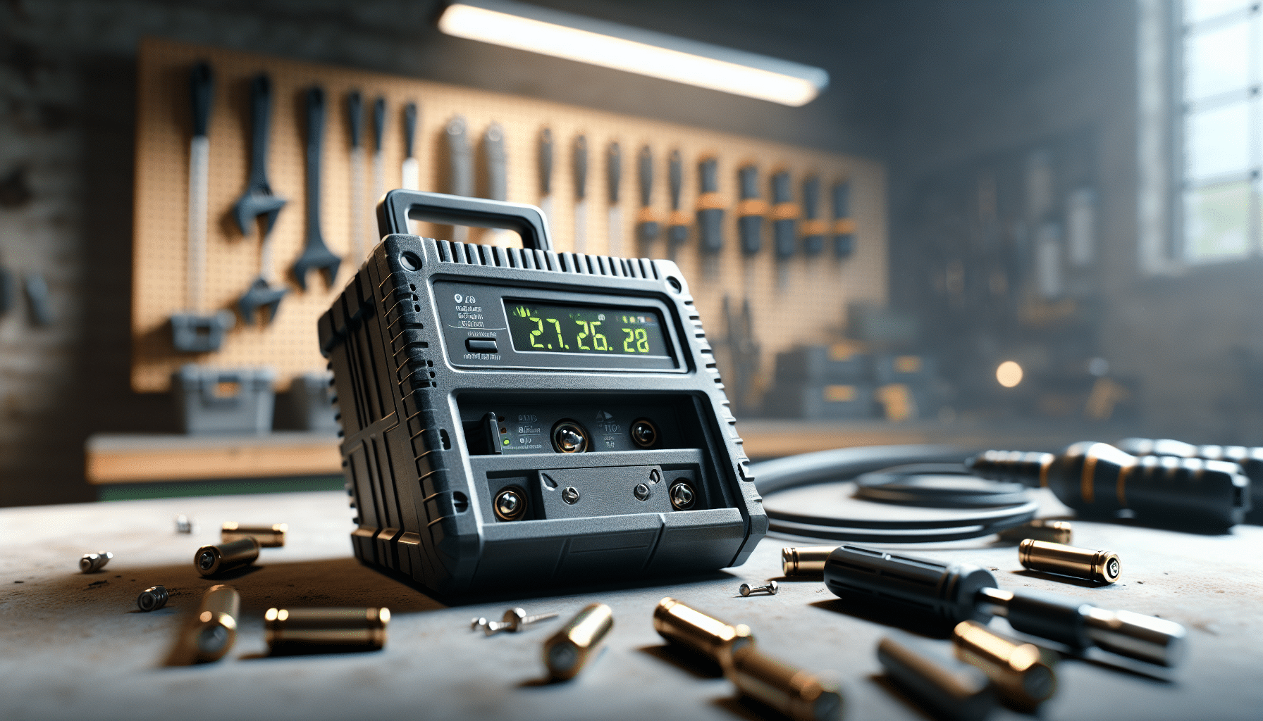 A Torxup charger with diagnostics running on its screen, plugged into a Makita battery, surrounded by workshop tools.