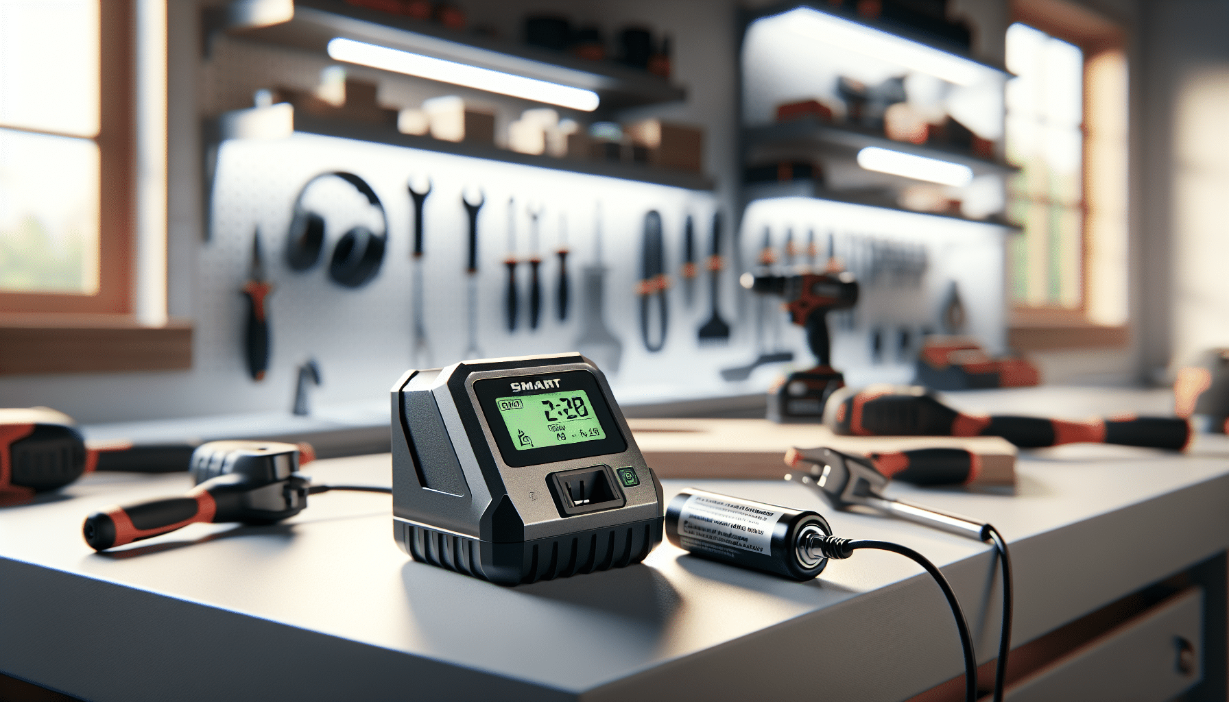 Close-up of LCD charger showing live voltage for Makita tool battery on a workshop bench.