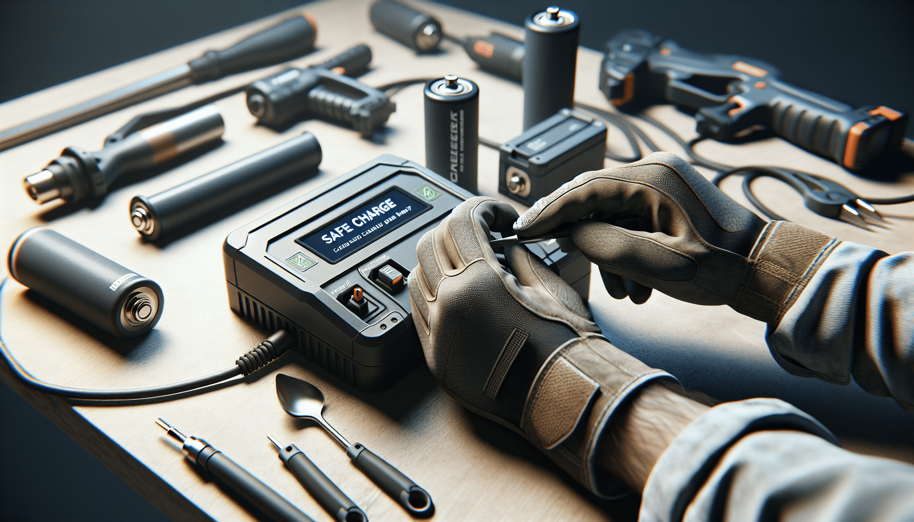 User connecting battery to Torxup VoltGuard charger showing active protection on jobsite worktable.