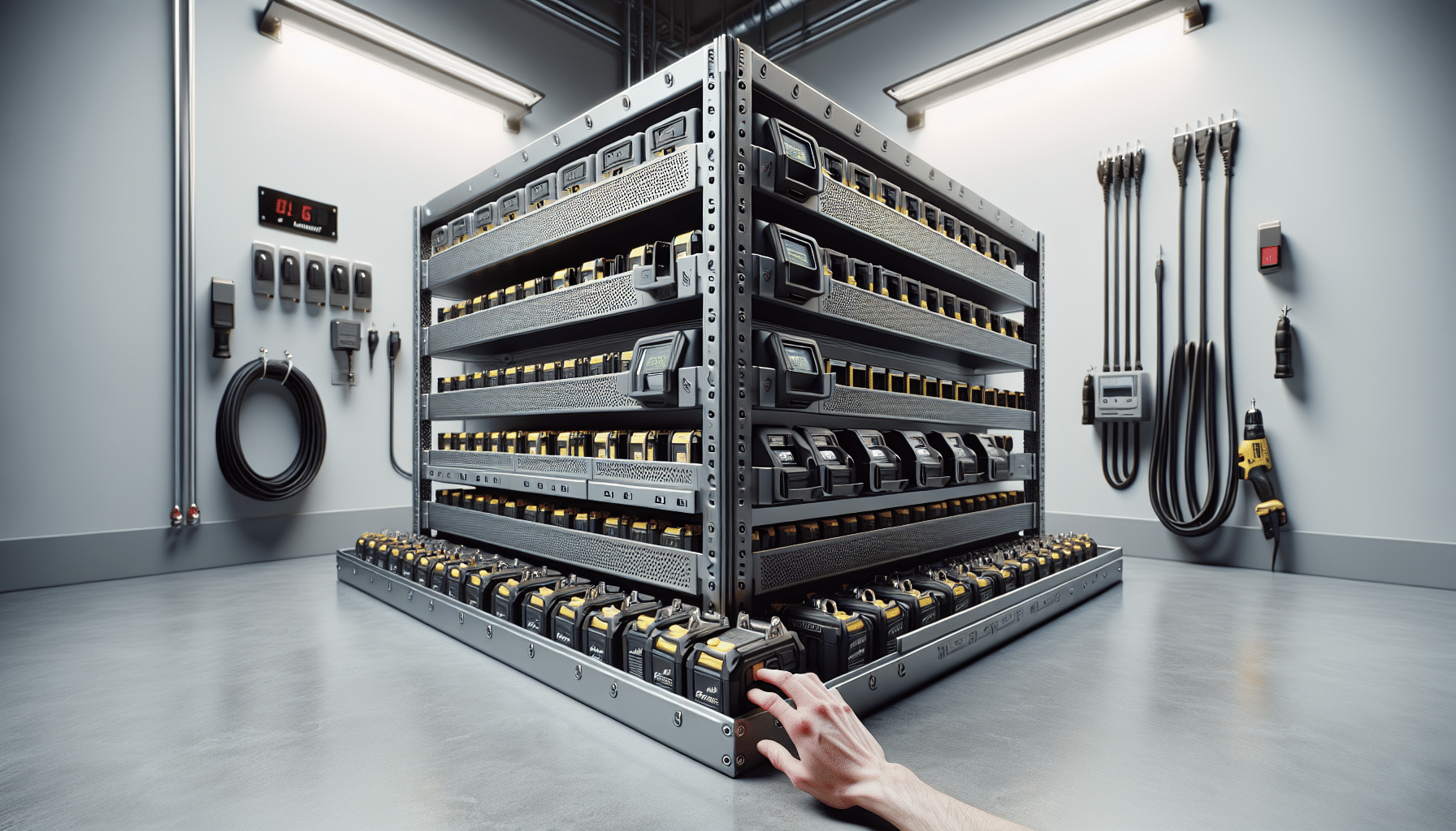 Corner-mounted charger rack showing battery organisation and charger placement strategies in a busy workshop.