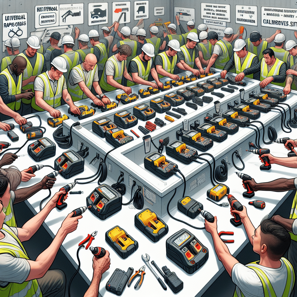 Organised Makita-compatible charging station on a busy construction site showcasing scaling battery charging in action.