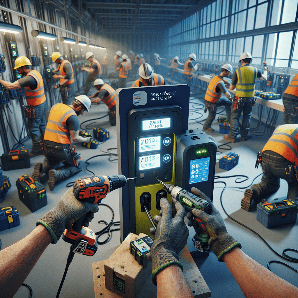 Hands swapping Makita-compatible batteries at a wall-mounted charger using real-time battery monitoring for efficient tool rotation.