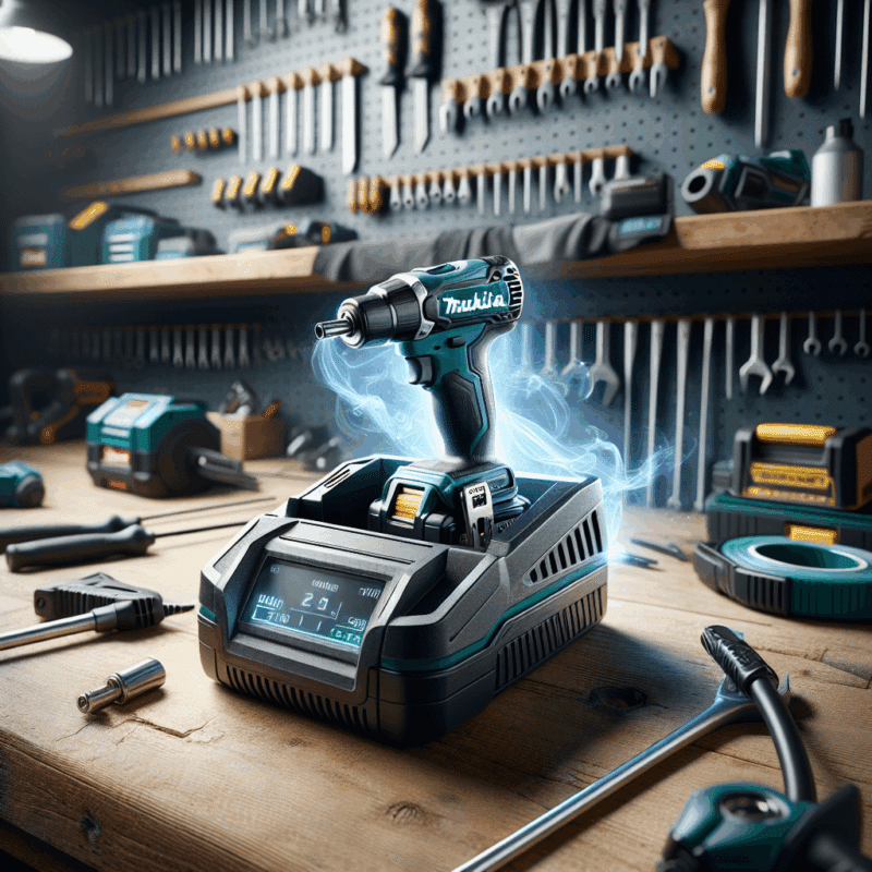 Makita battery care setup showing 18V battery seated in fan-cooled charger with cooling vents and temperature display.