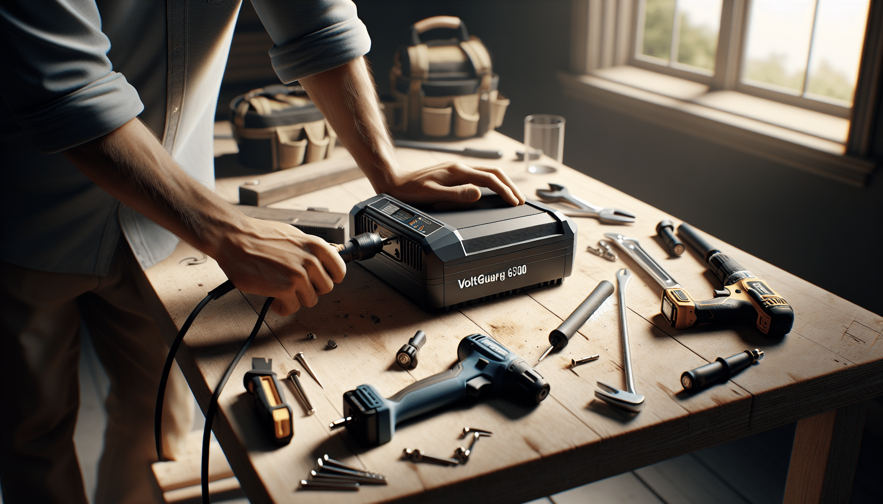 Side view of VoltGuard 6500 charger in use on jobsite bench with battery insertion action