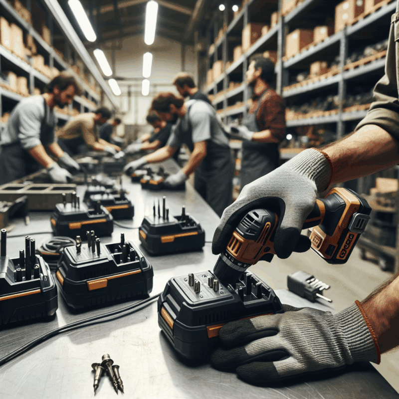 A VoltGuard 6500 workshop scene with batteries charging on sleek units, highlighting high-volume use in a busy industrial environment.