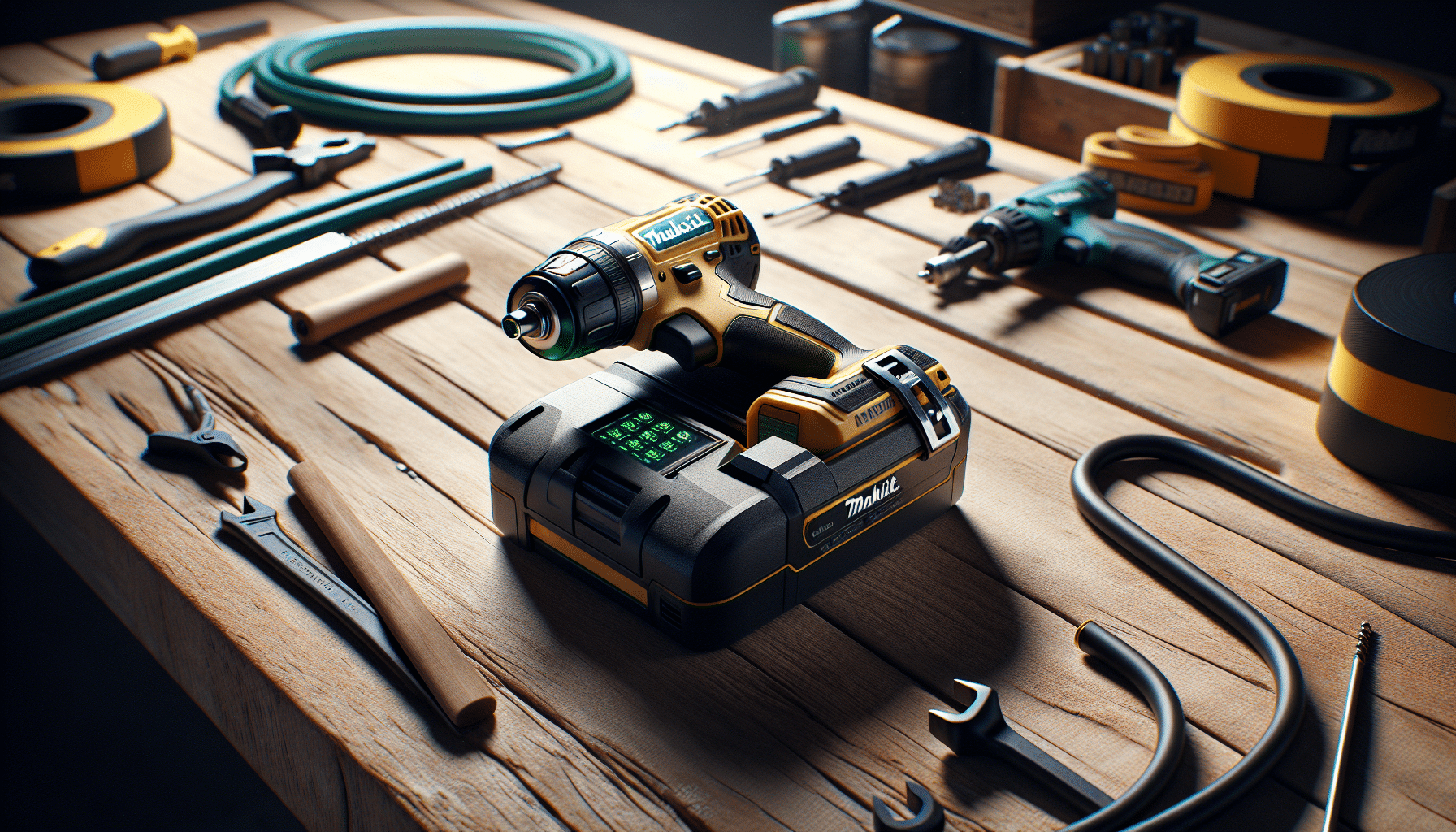 Cordless charger setup showing a Makita-compatible battery partway inserted, highlighting fast-charge LED indicators in workshop.