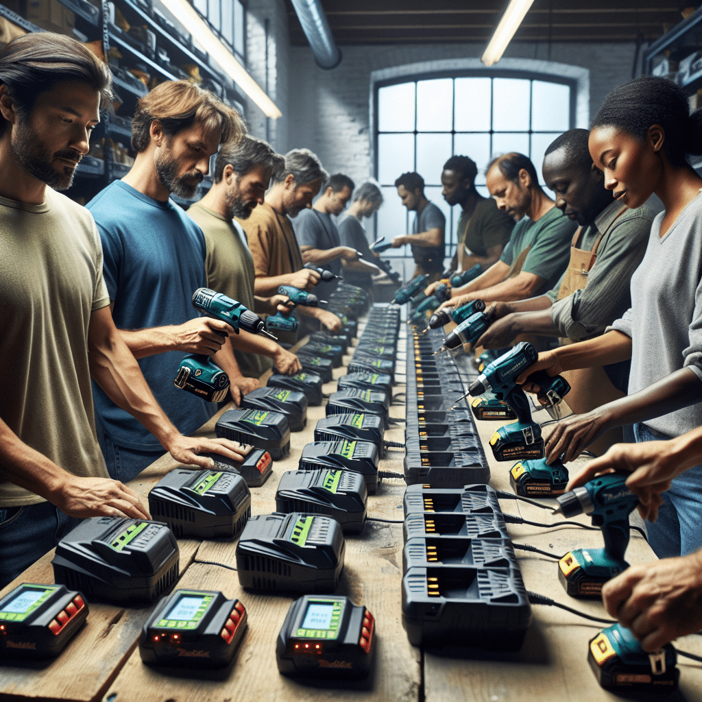 Workshop scene debunking rapid charger myths by showing Makita-compatible tools powered by LED-equipped fast chargers in action.