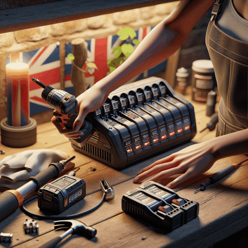 Workshop image showing Makita-compatible fast chargers powering multiple batteries, emphasizing fast charger myths clarity and real safety.