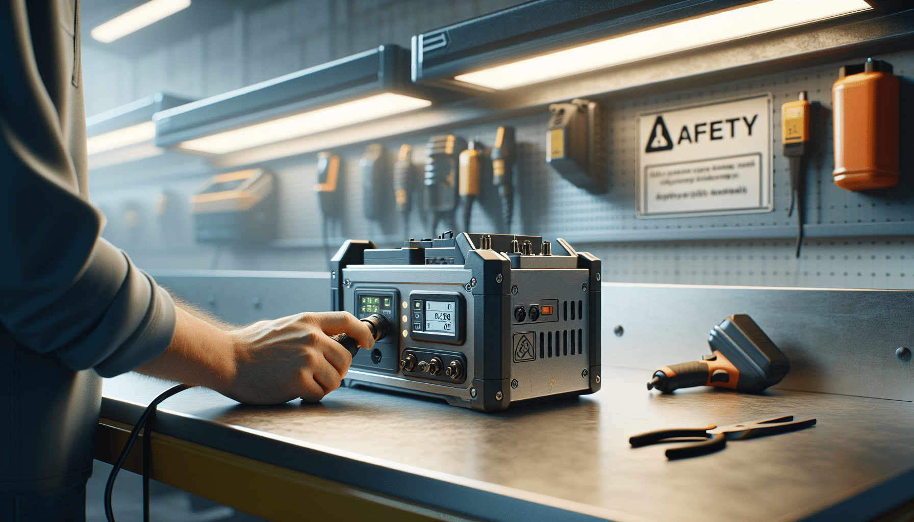 Charging process of a high-capacity Makita battery using a compatible charger with visible indicator lights in workshop.