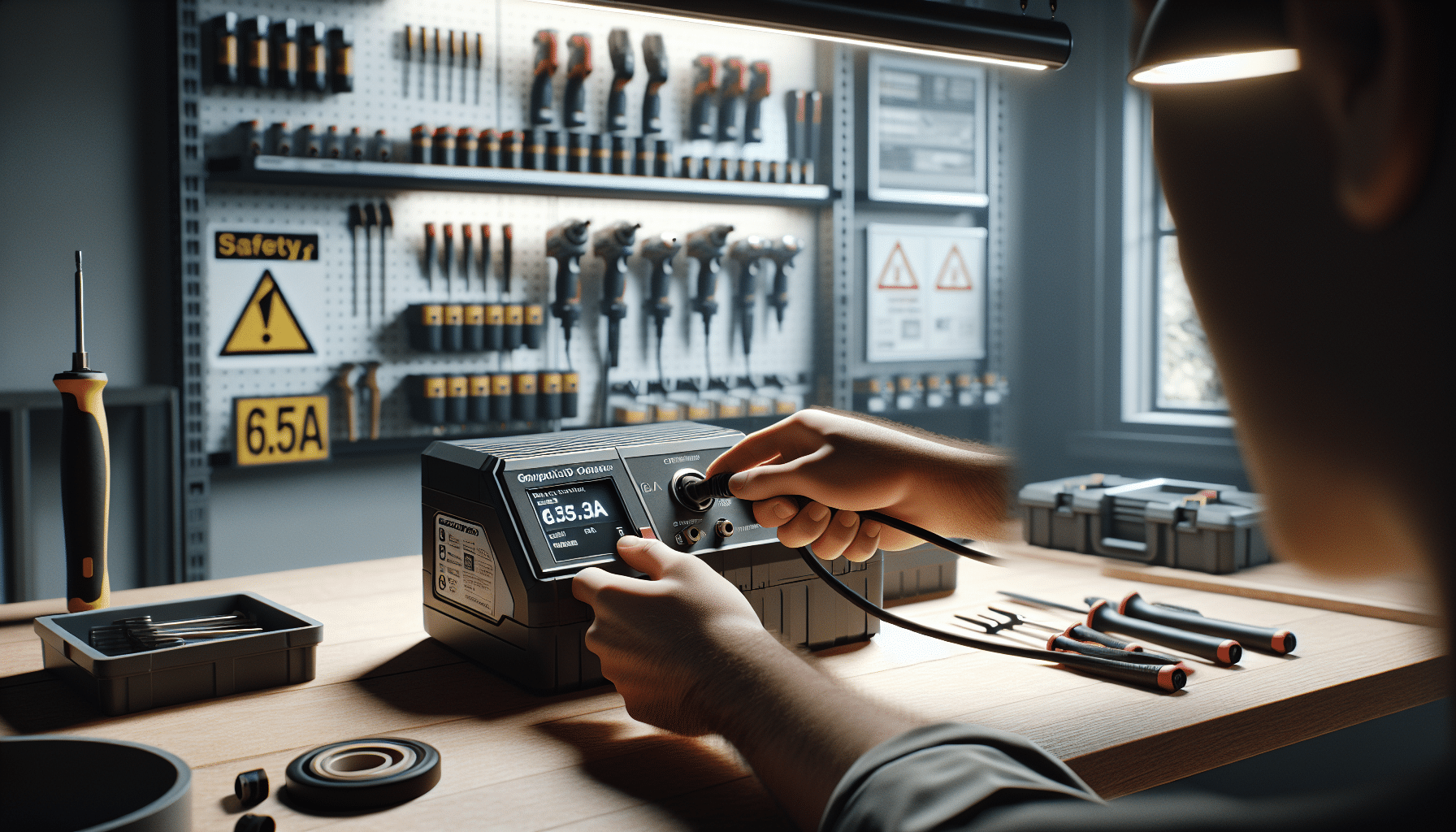 Hand placing Makita-compatible battery on 6.5A charger in clean UK workshop with safety signage.