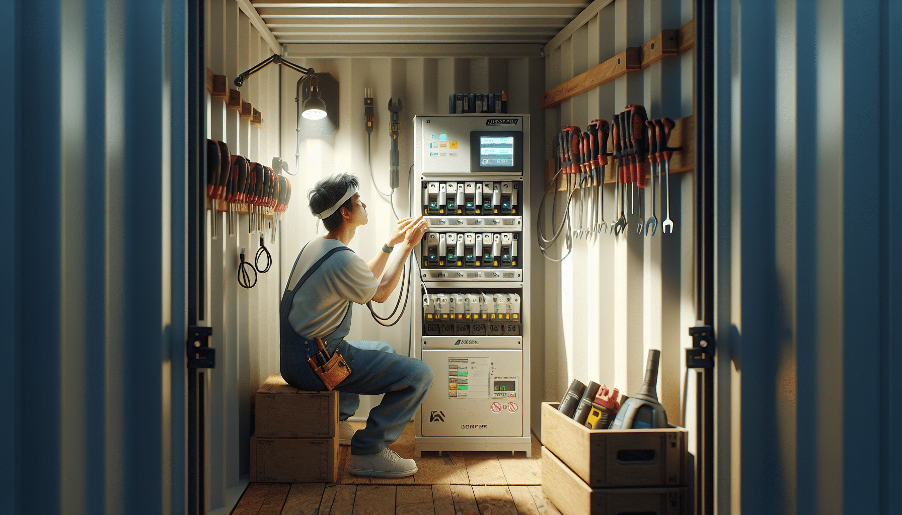 Wall-mounted Makita LXT-compatible charger in use with visible battery indicators at a jobsite storage station.