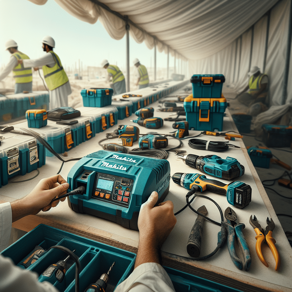 Contractors reducing crew idle time using 6.5A rapid charging with Makita-compatible batteries on a busy job site.