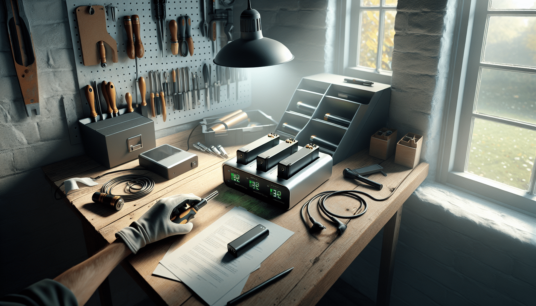 A fully operational 2024 charger upgrade powering multiple 18V batteries during a hands-on charging workflow in a busy UK tradesman’s workshop.