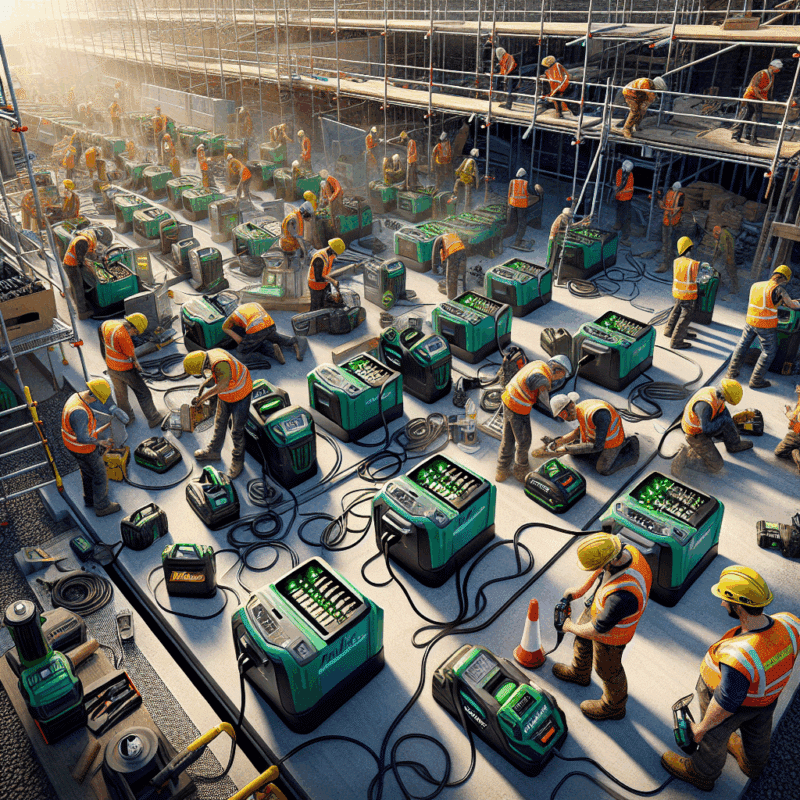 Rapid charging stations powering Makita-style batteries on an active UK construction site, boosting trade productivity.