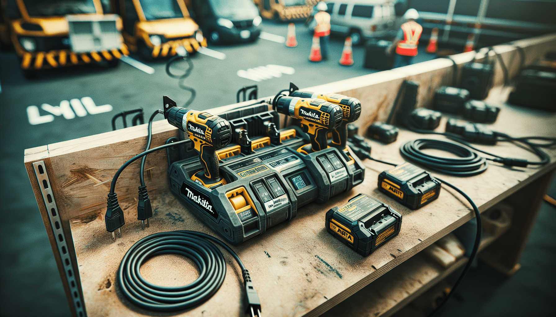 Makita-compatible rapid LXT charger powering multiple batteries at a job site station.