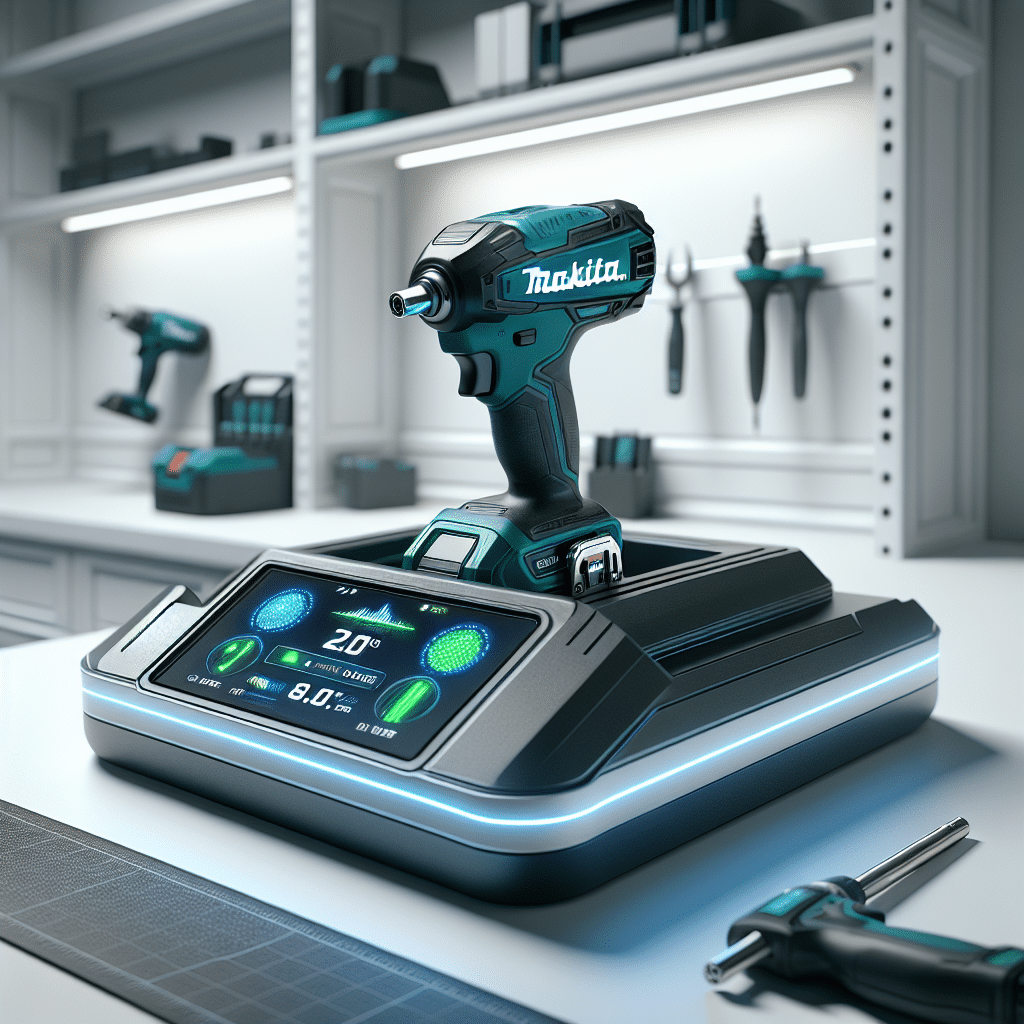 Makita-style power tool battery charging in digital fast charger with safe ultra-fast charging indicators on clean bench.