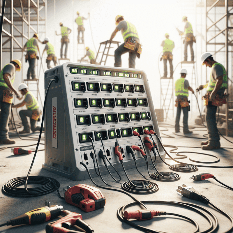 Makita charger station on a large worksite demonstrating safe and reliable large-scale site power configurations.