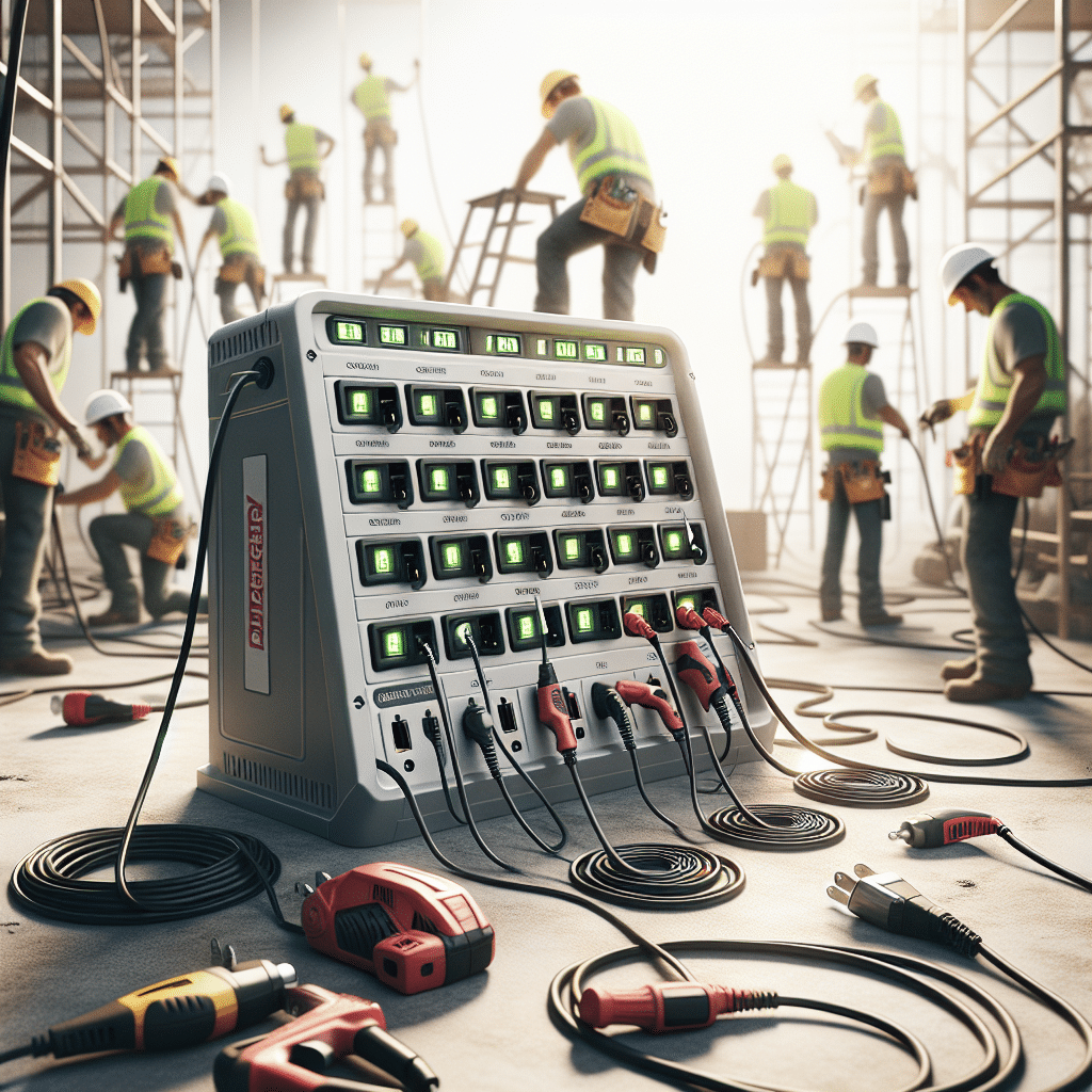 Makita charger station on a large worksite demonstrating safe and reliable large-scale site power configurations.