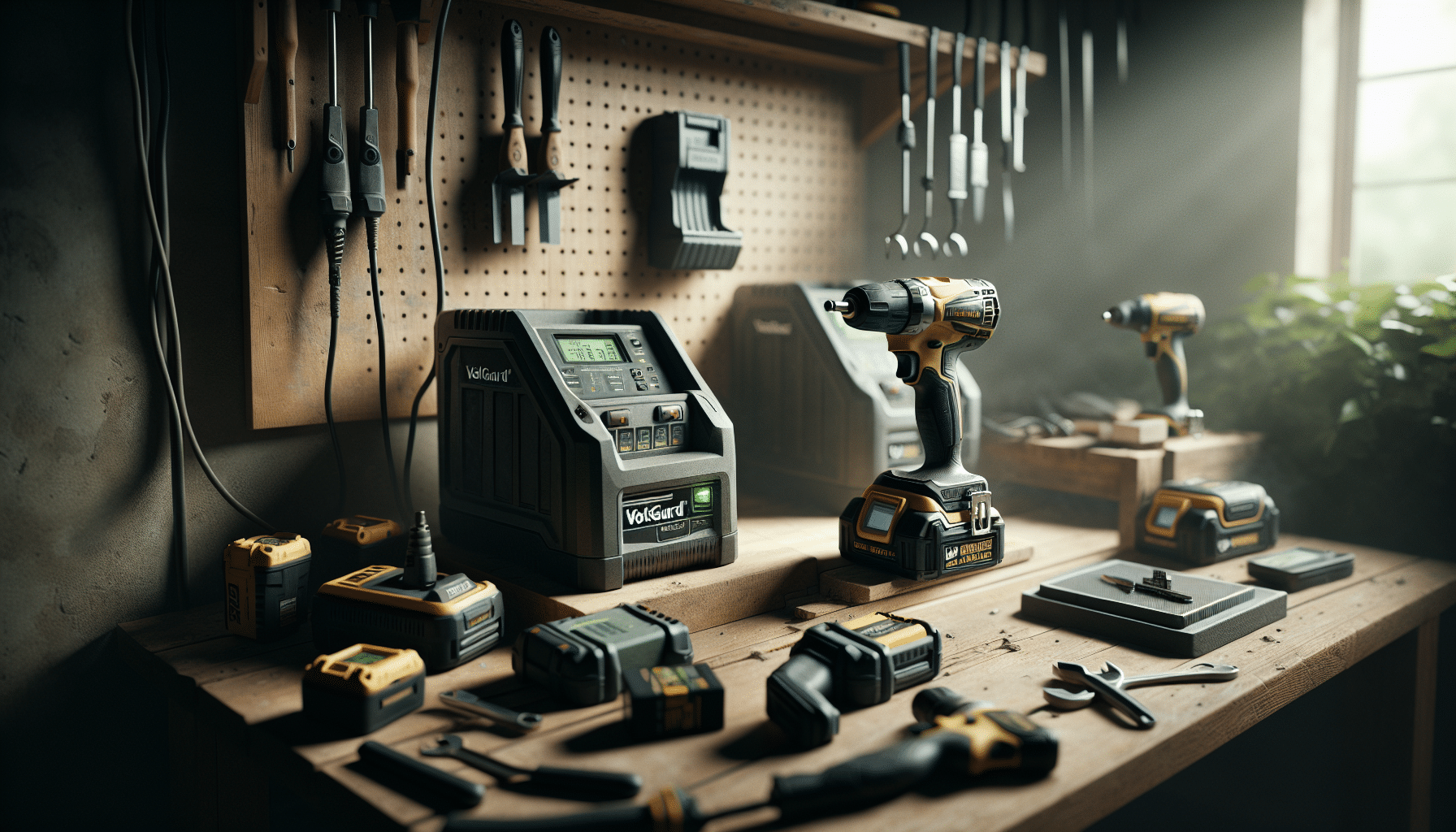 Workshop visual with Makita DC18RC and VoltGuard 6500 charging batteries side by side among active cordless power tools.