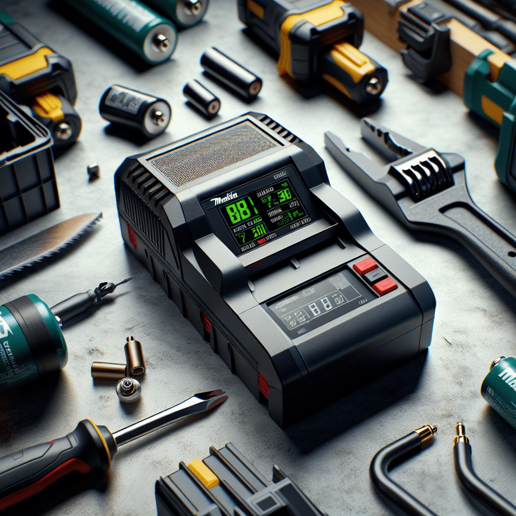 Close-up of a Makita-compatible charger showing LCD screen with voltage and amp data for precision charging in a workshop setup.