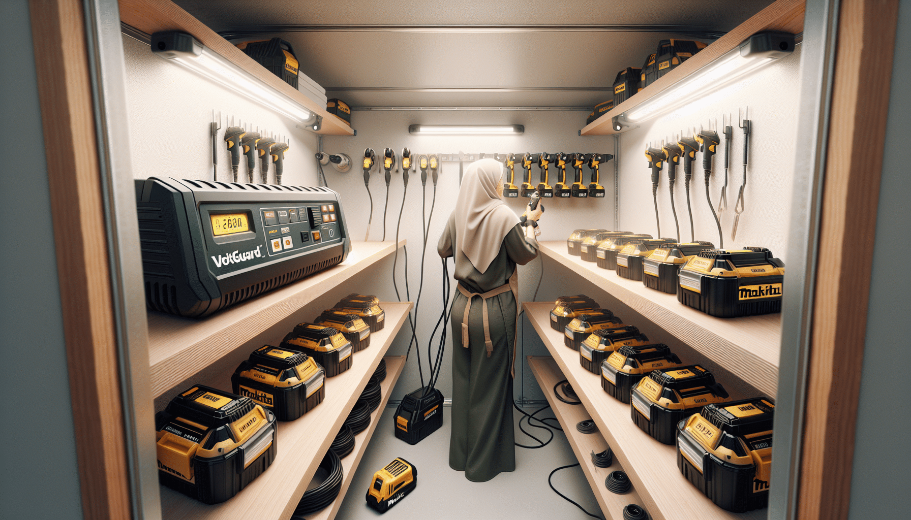 VoltGuard 6500 providing structured charging inside a site trailer with labelled batteries and tool prep underway.