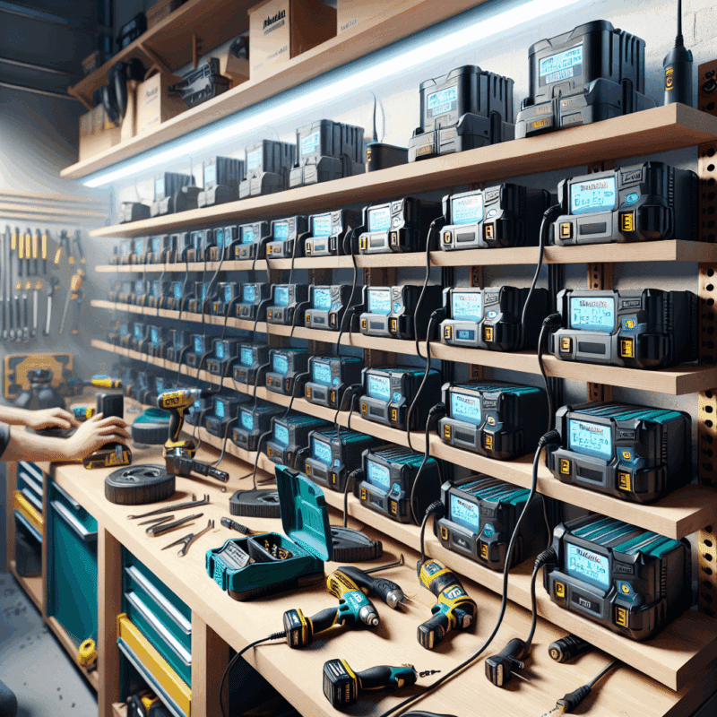 Organised charger station setup showcasing effective charger placement in a team-powered workshop environment.