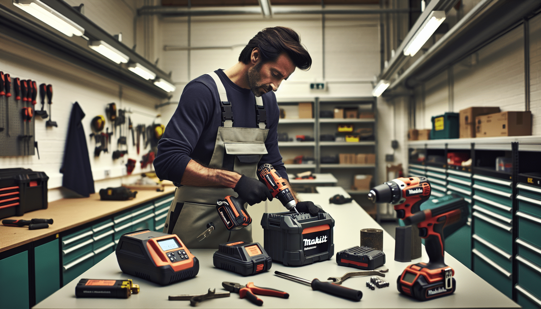 Person loading Makita battery into VoltGuard 6500 charger during real-time upgrade process in industrial setting.