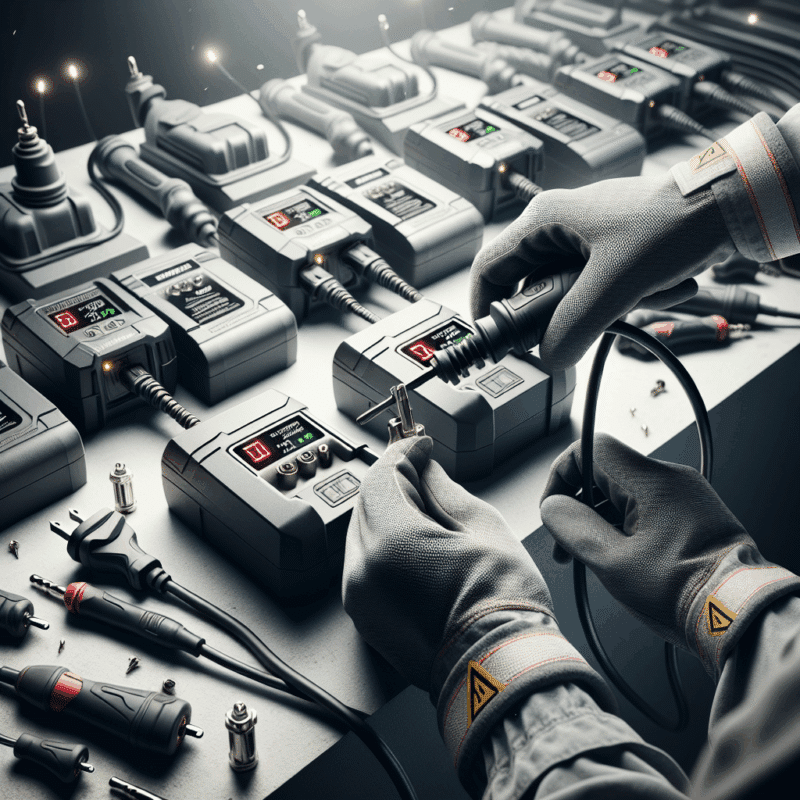 Advanced charger safety setup in a UK workshop with LED indicators, protective casings, and safe charging practices on display.