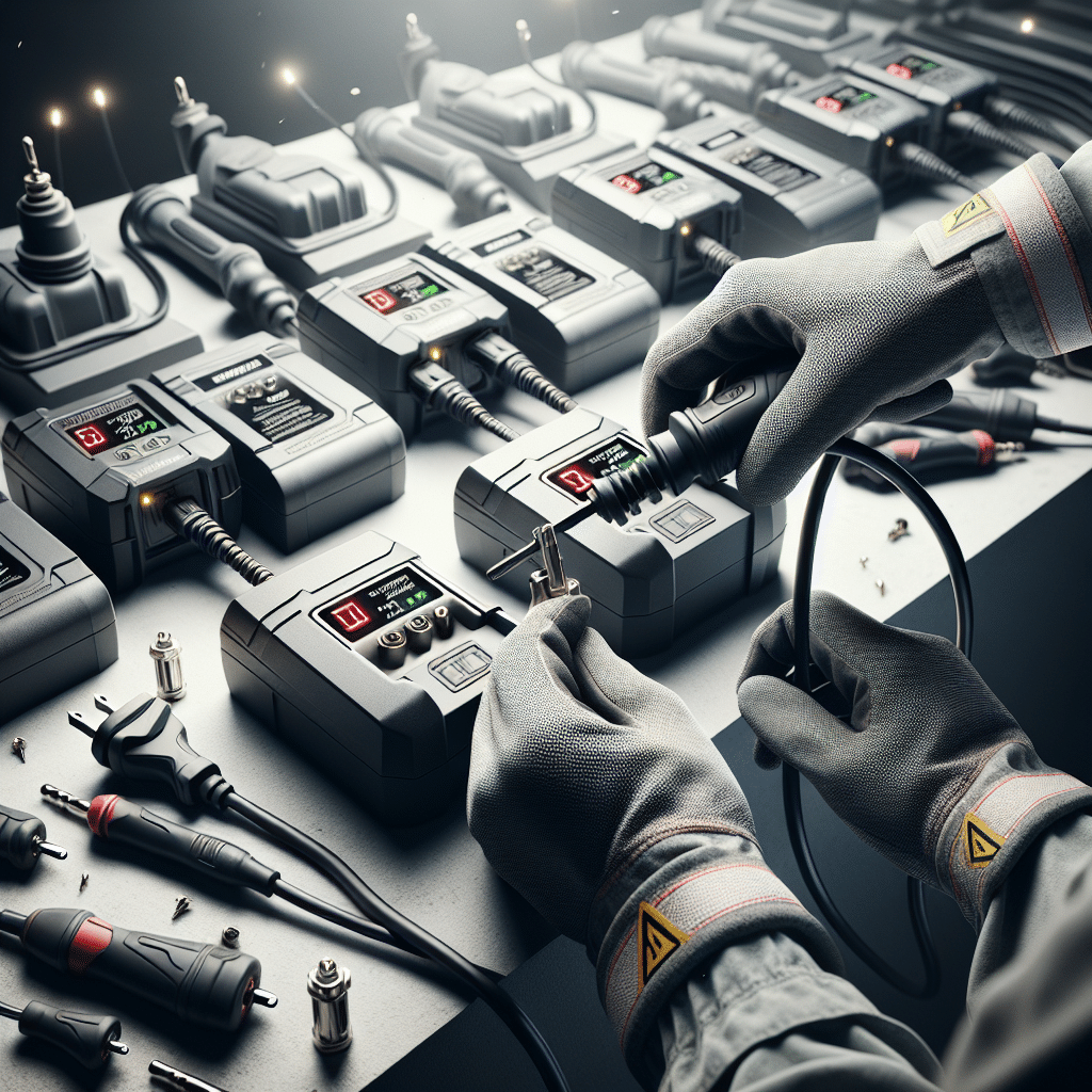 Advanced charger safety setup in a UK workshop with LED indicators, protective casings, and safe charging practices on display.