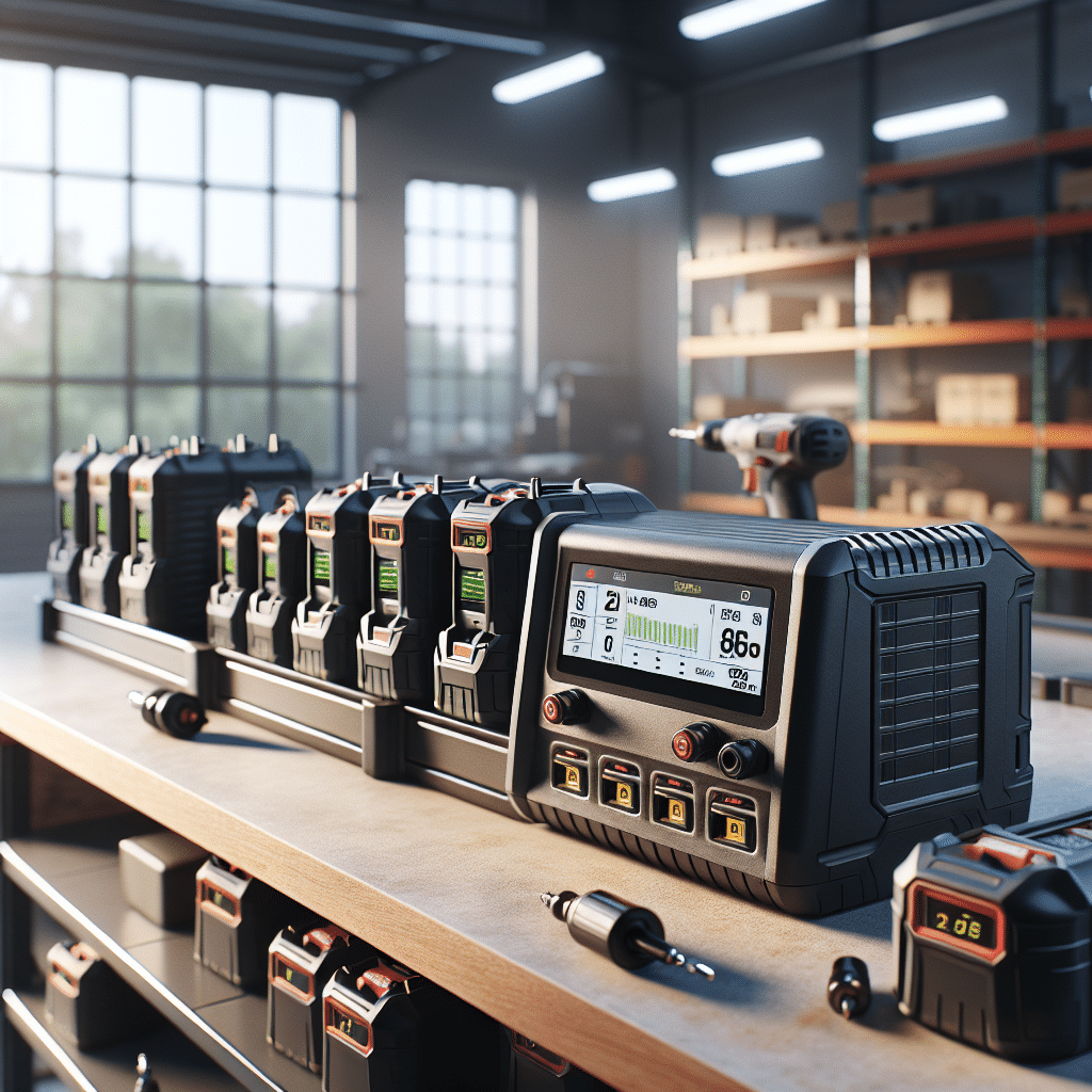 Professional battery charger setup using intelligent charging to minimise downtime for Makita power tools in a workshop.