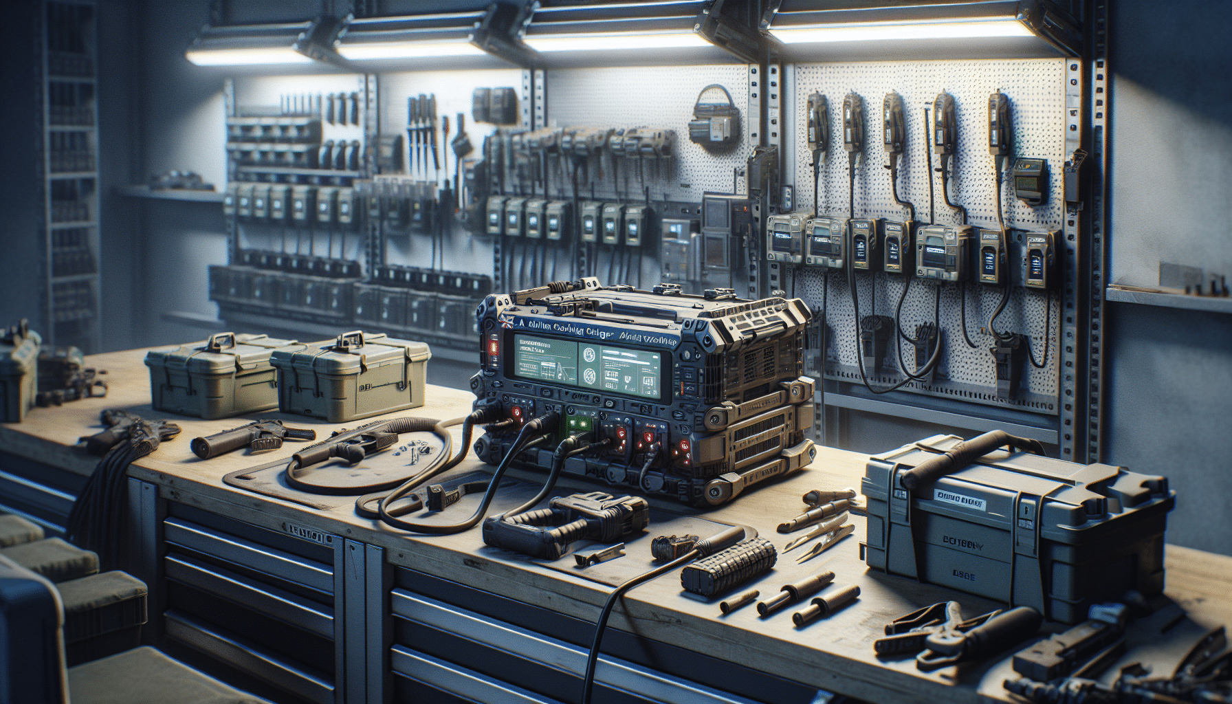 Close-up of an active cooling charger at work in a trade workshop, showing visible fans and surrounding neatly arranged tools and spare batteries.