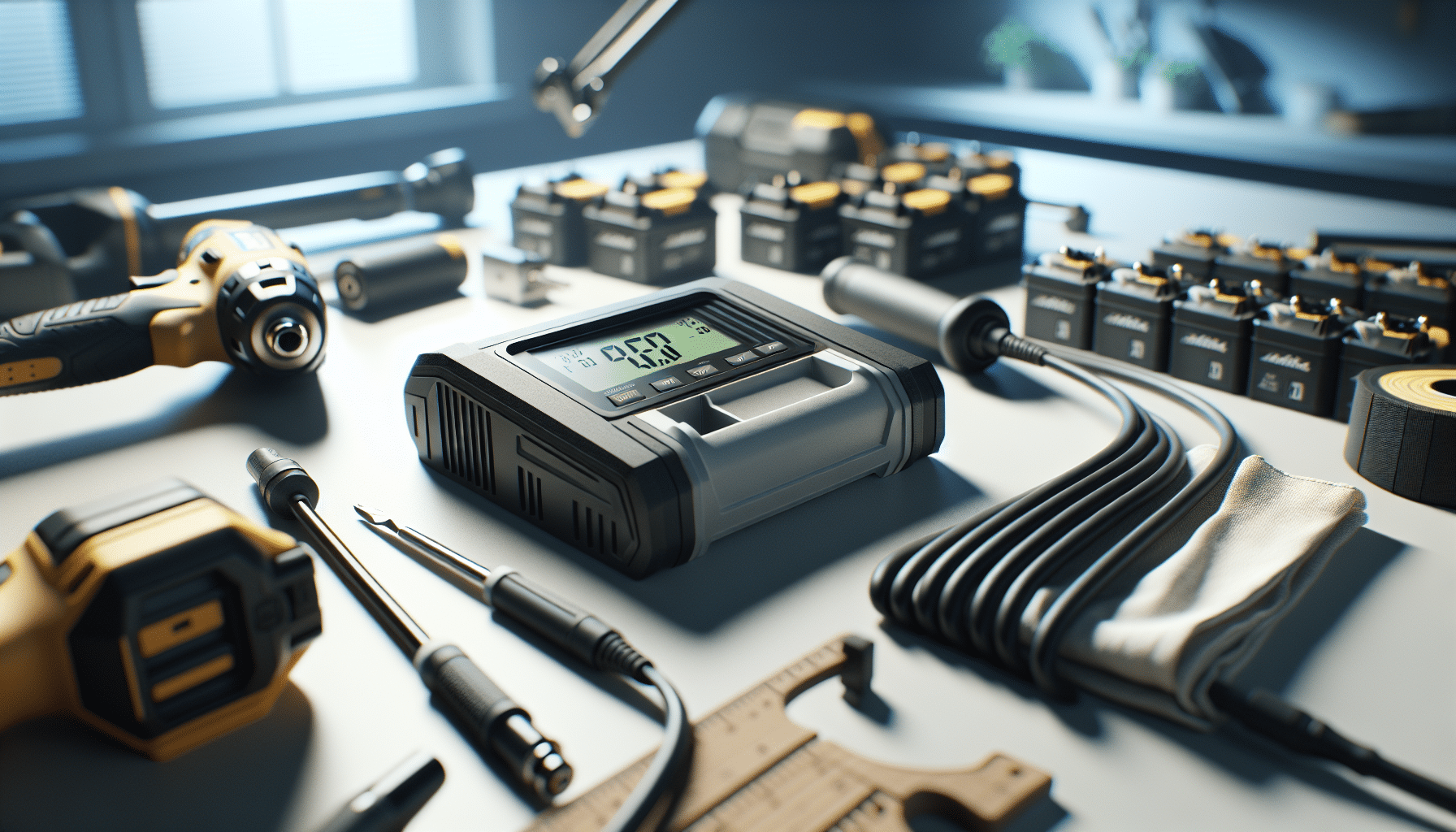 Close-up of a Makita-compatible LCD charger showing voltage on screen with surrounding power tools and batteries in a workshop.