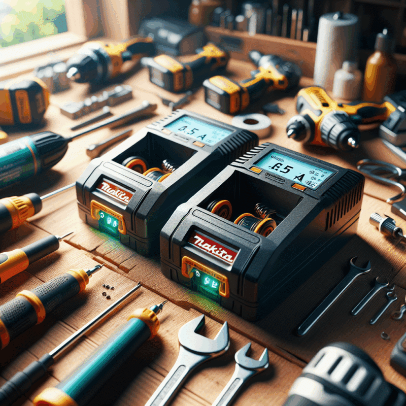 Side-by-side comparison of a 6.5A charger and a 3.0A charger charging Makita-compatible batteries in a workshop setup.