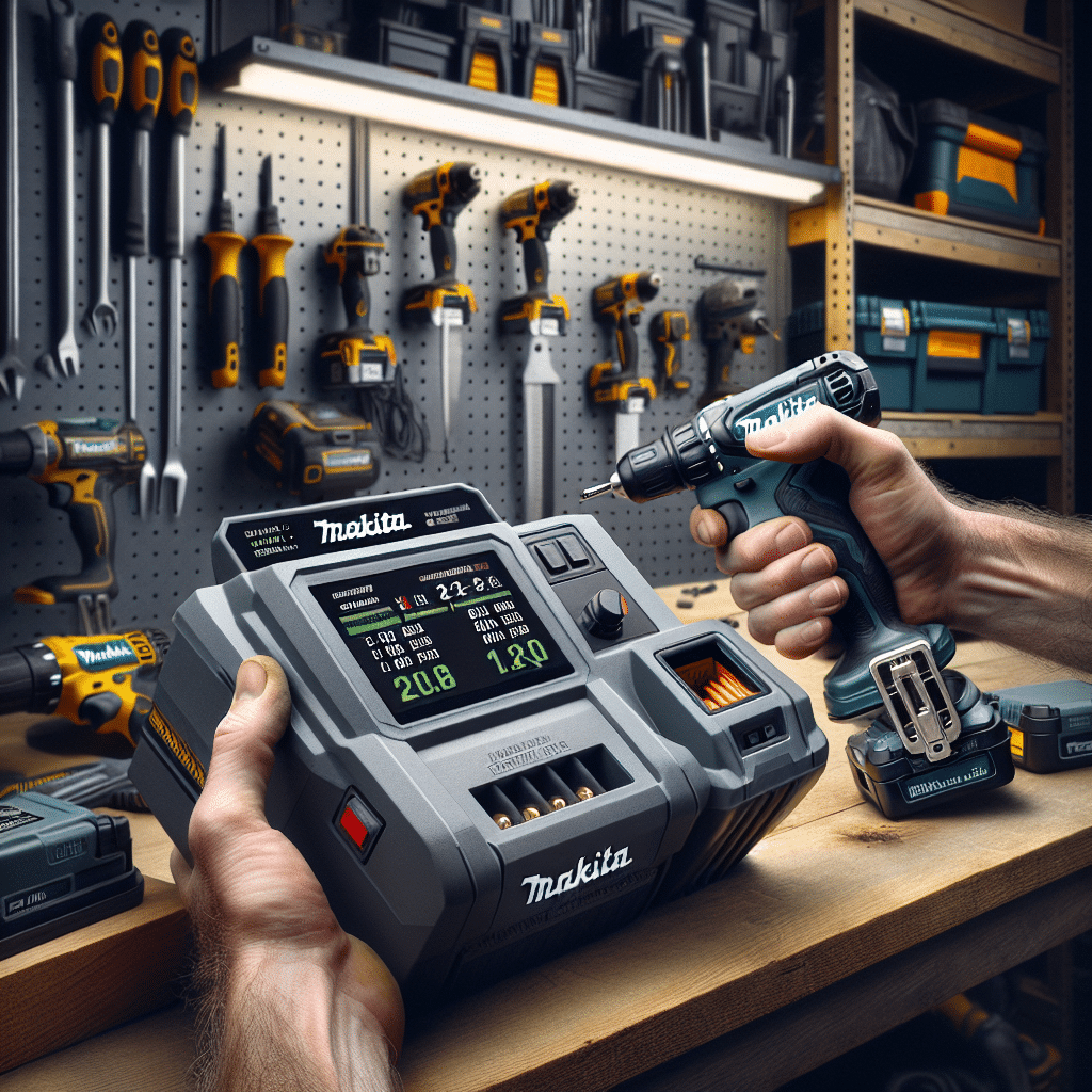 Makita-compatible charger on a pro trade bench showing real-time tool monitoring data on-screen, helping manage powered tools efficiently.