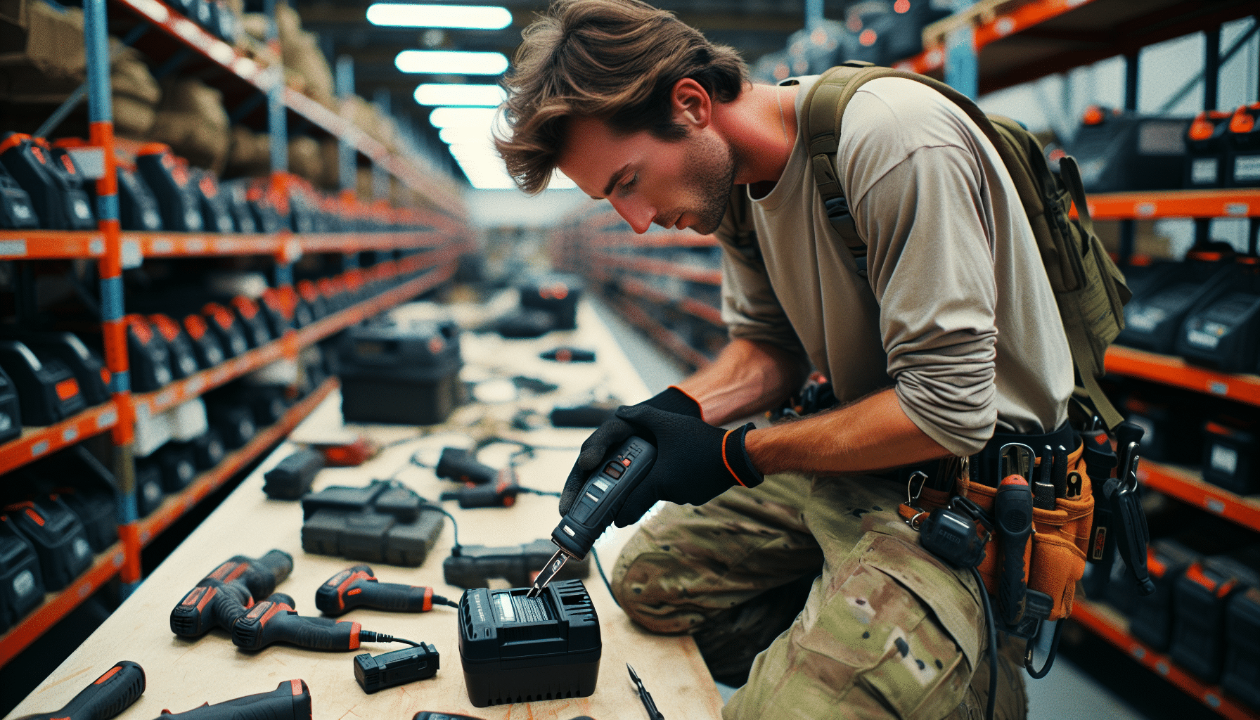 Worker placing a Makita LXT battery into a rapid charger on-site to maximise runtime.