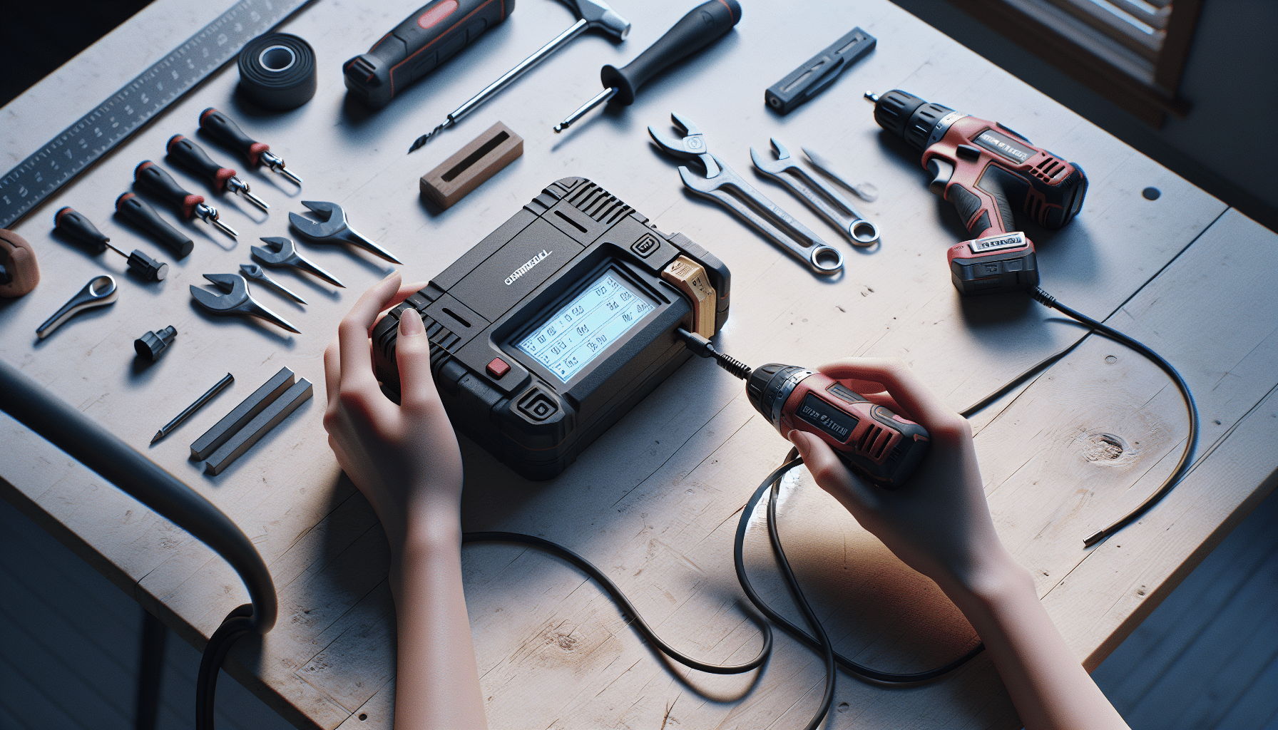 Hands placing a battery into a charger with LCD voltage and amp screen, demonstrating real-time charge monitoring.