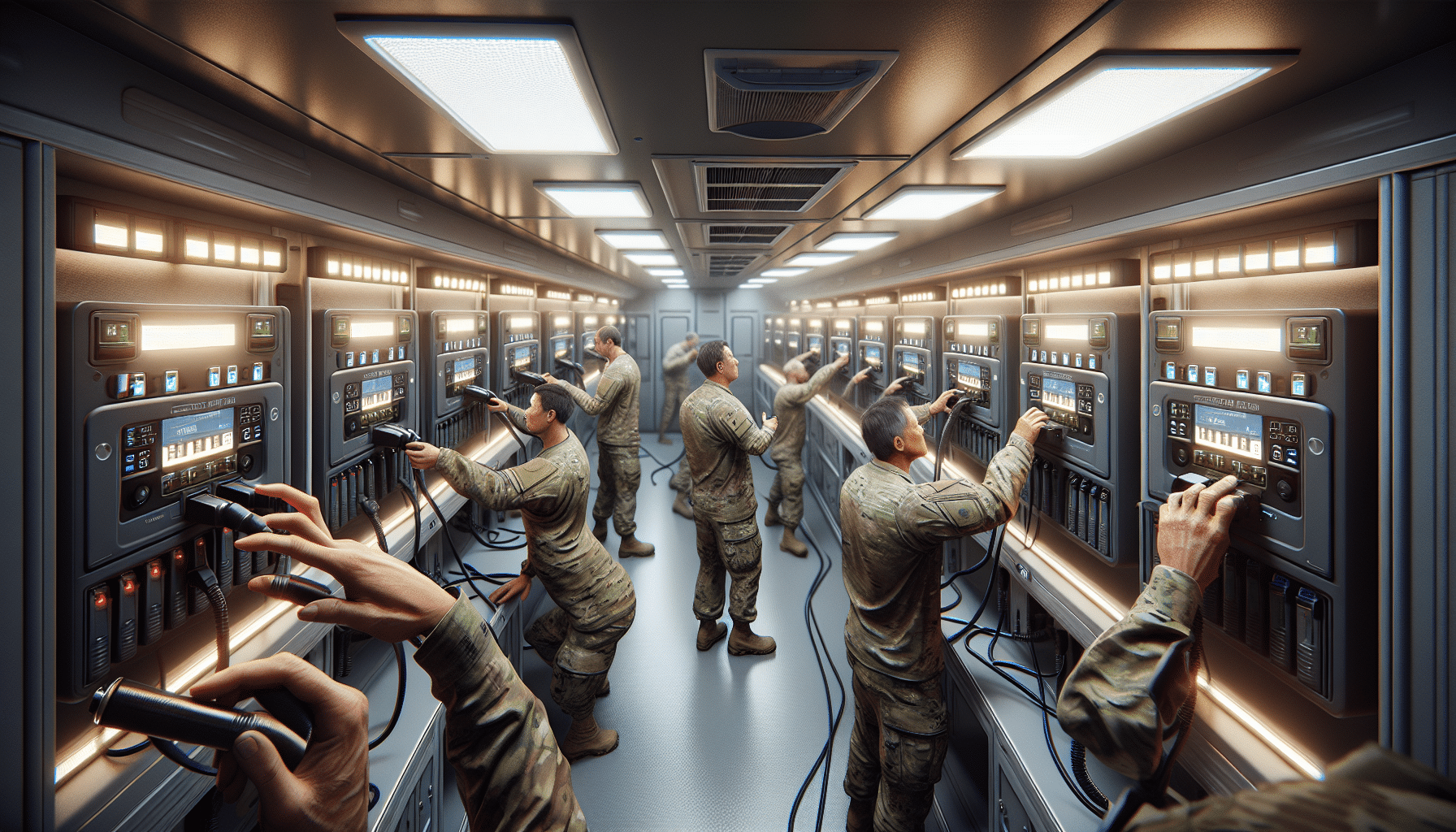 Centralised indoor charging hub setup showing scaled battery charging infrastructure supporting rotating on-site teams.