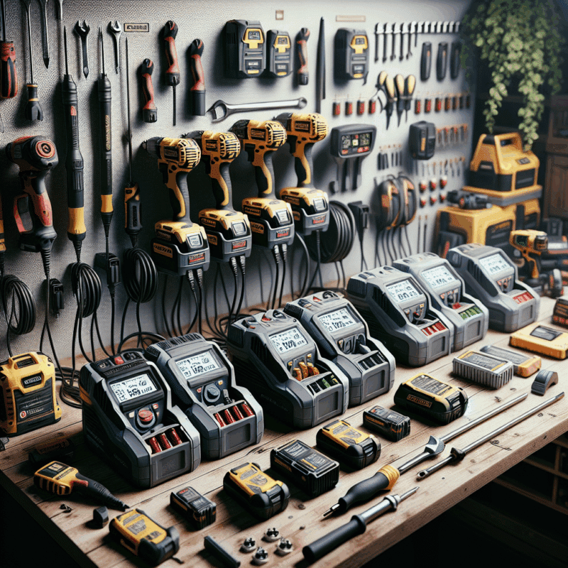 Organised tool bench highlighting workshop battery charger mistakes with labels and charger placement insights.