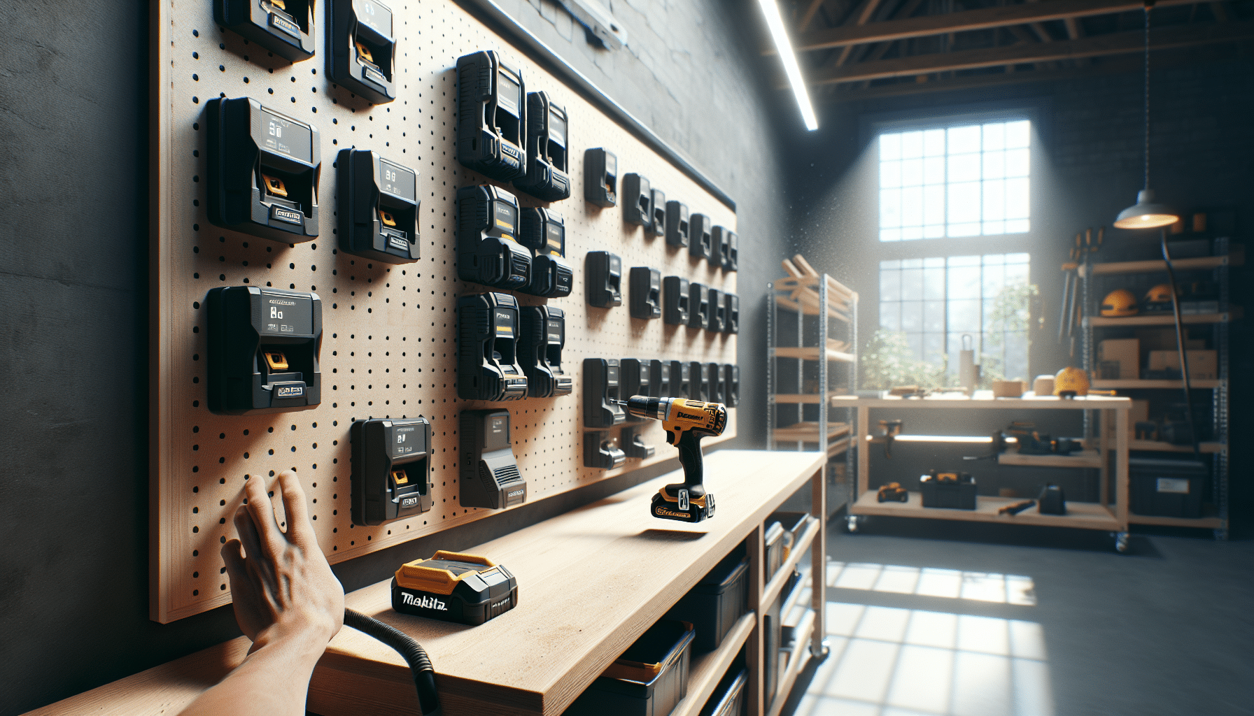Organised site charger setup with workshop pegboard showing labelled chargers and battery storage.