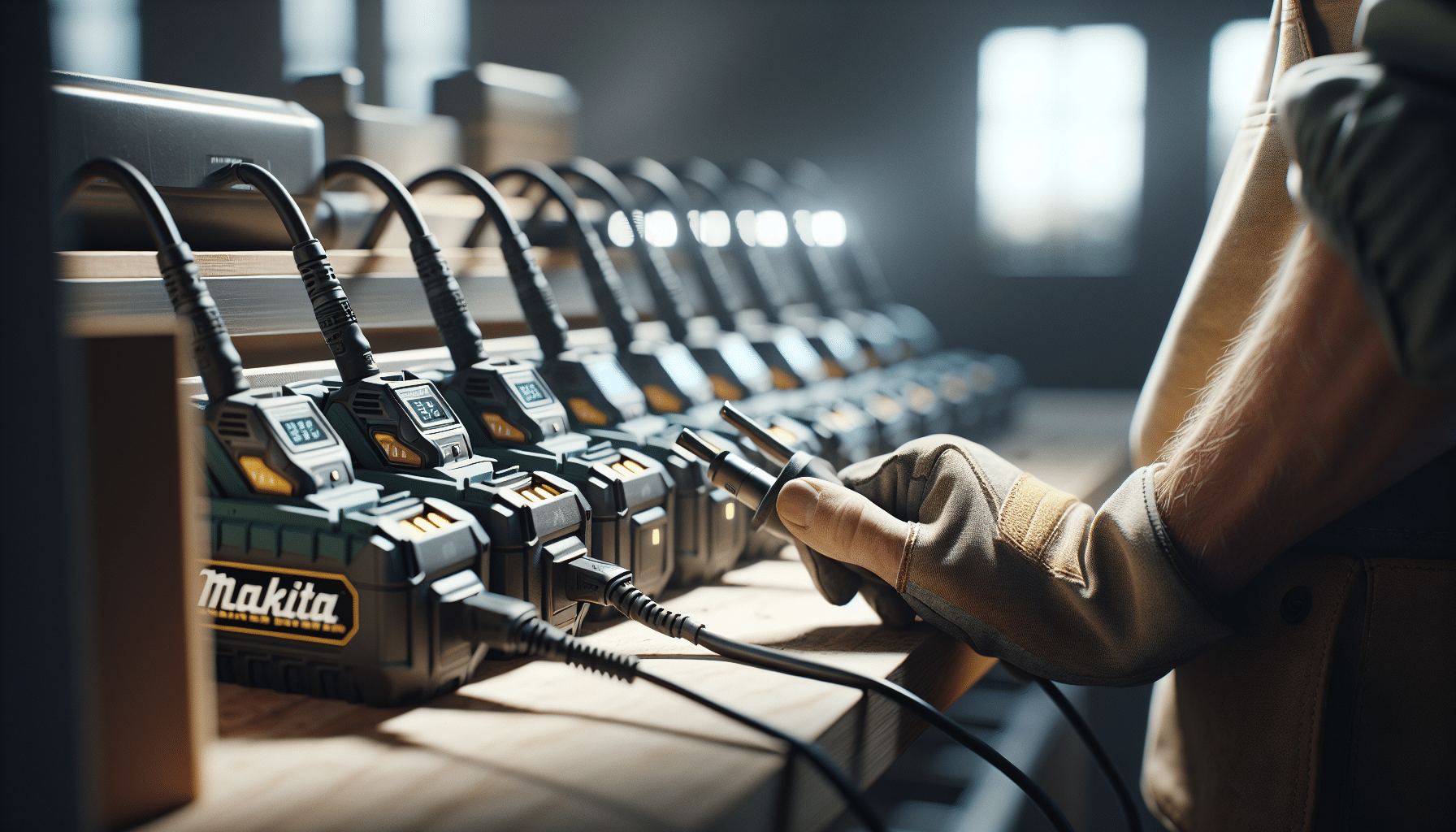 Makita-compatible tool batteries charging efficiently in rapid charging docks in a worksite environment.